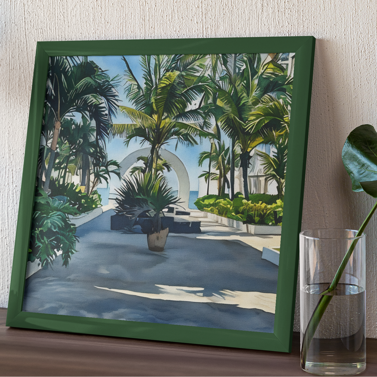 Tropical Resort Courtyard Watercolor Print | Palm Tree Coastal Villa Fine Art Wall Print