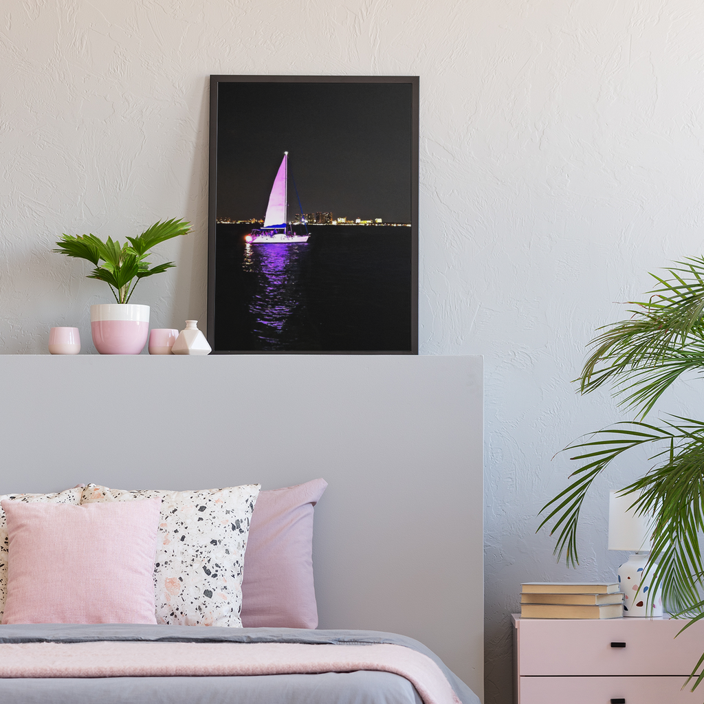 Illuminated Sailboat at Night Photo Print | Purple Glowing Sailboat Wall Art | Nighttime City Skyline Ocean Photography | Modern Nautical Decor