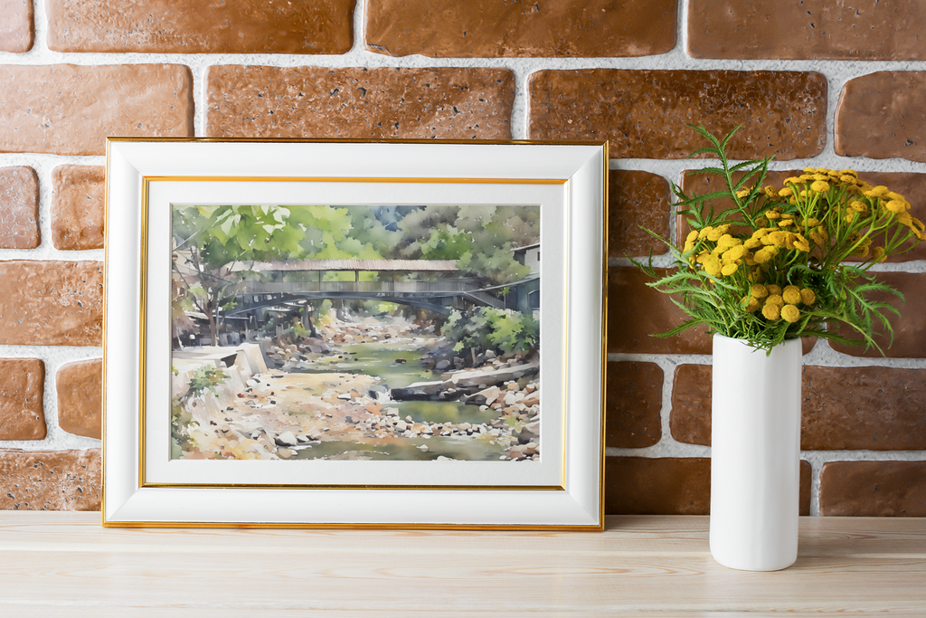 Rustic Covered Wooden Bridge River Watercolor Print