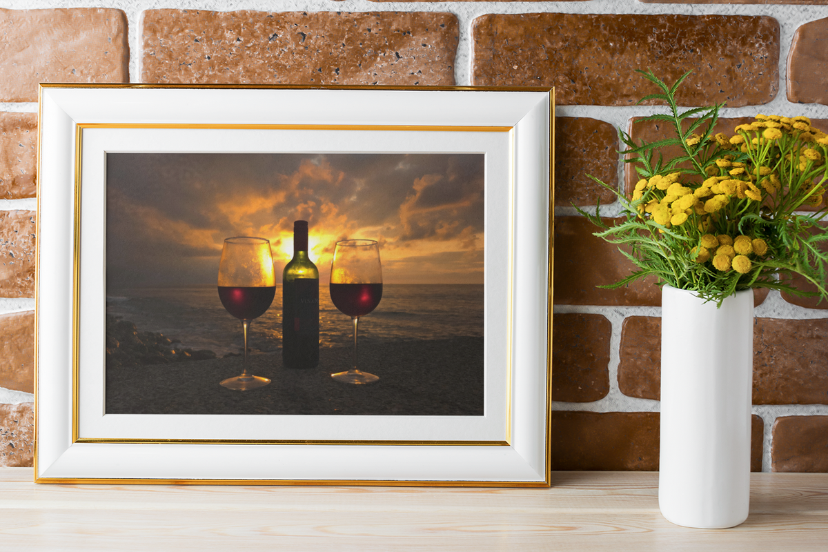 Sunset Ocean Red Wine Bottle & Glasses Fine Art Photo Print