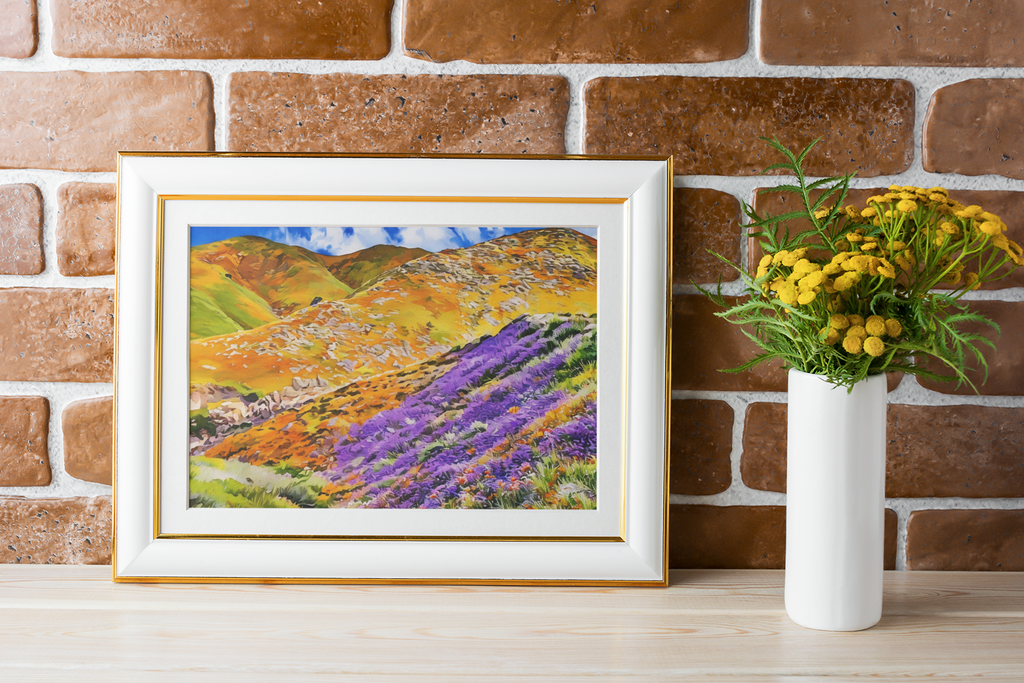 Wildflower Mountain Landscape Watercolor Print | Colorful Superbloom Wall Art, Fine Art Nature Print