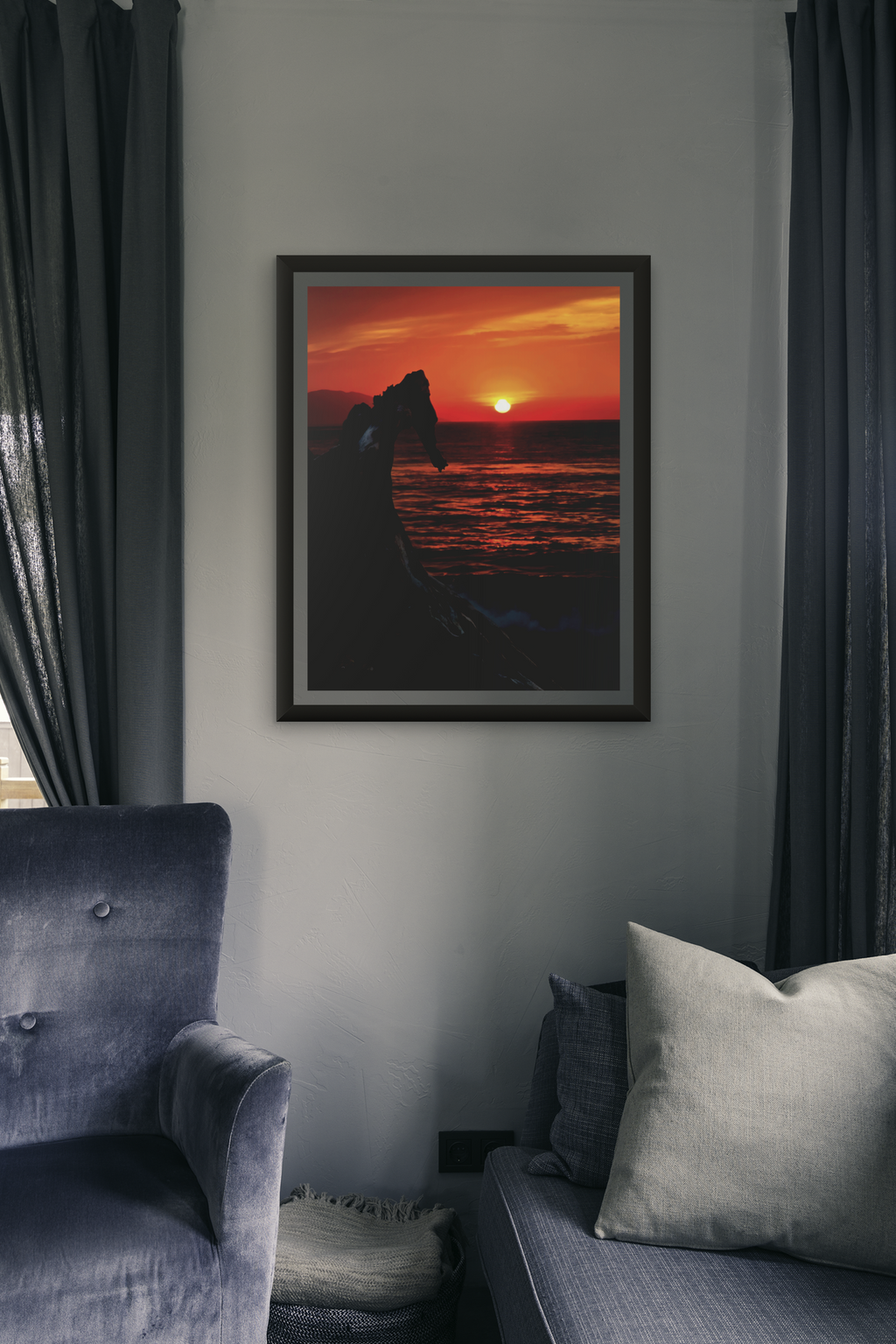 Fiery Sunset Ocean Driftwood Fine Art Print
