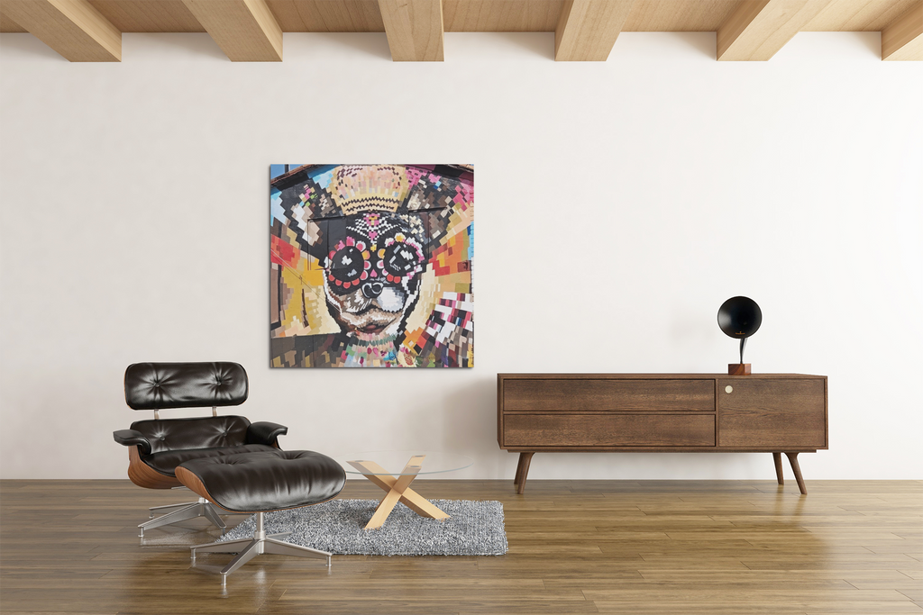 Day of the Dead Dog Mural Print | Pixel Art Street Photography Poster | Vibrant Dia de los Muertos Building Mural Art | Colorful Urban Wall Decor