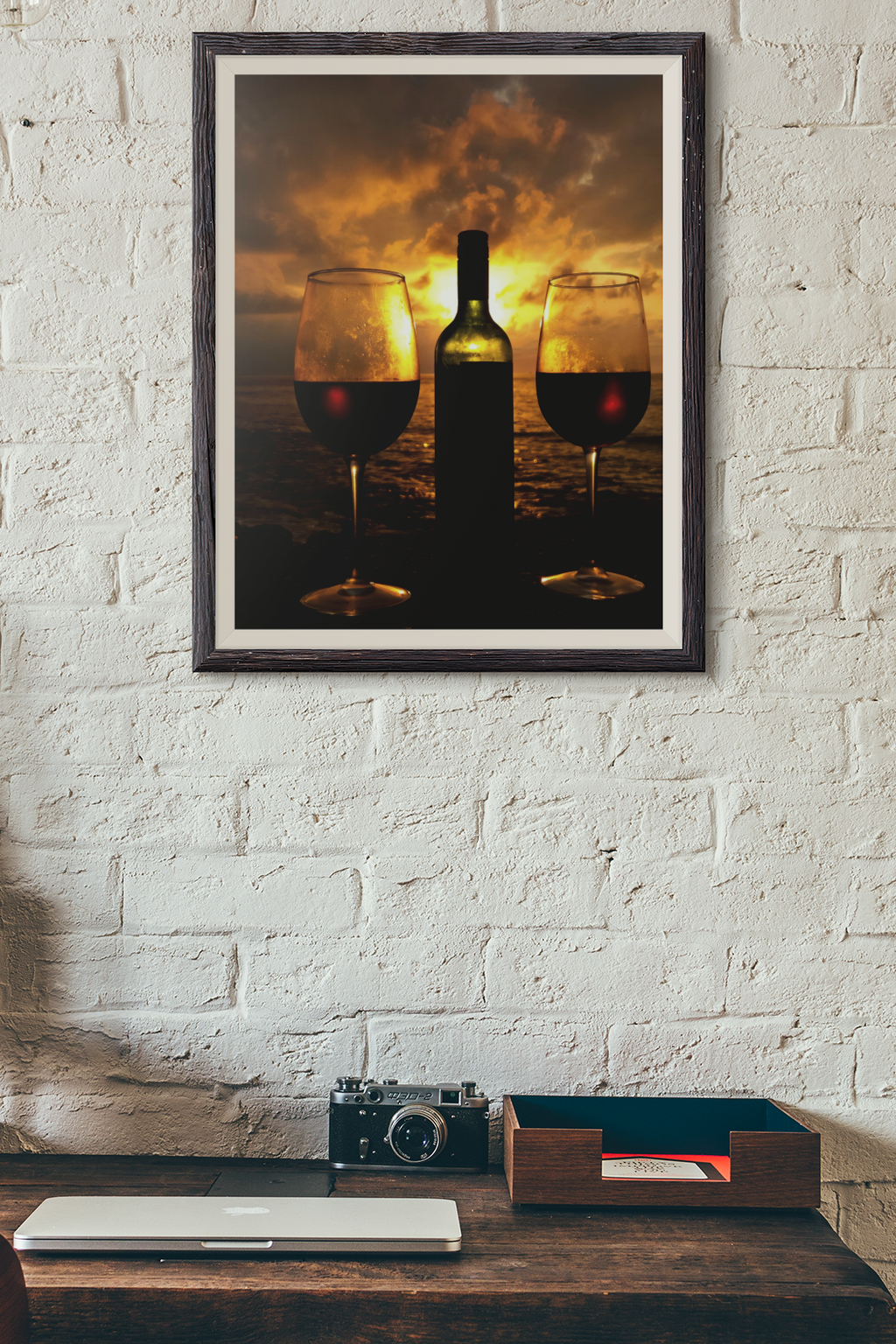 Sunset Ocean Red Wine Bottle & Glasses Fine Art Photo Print