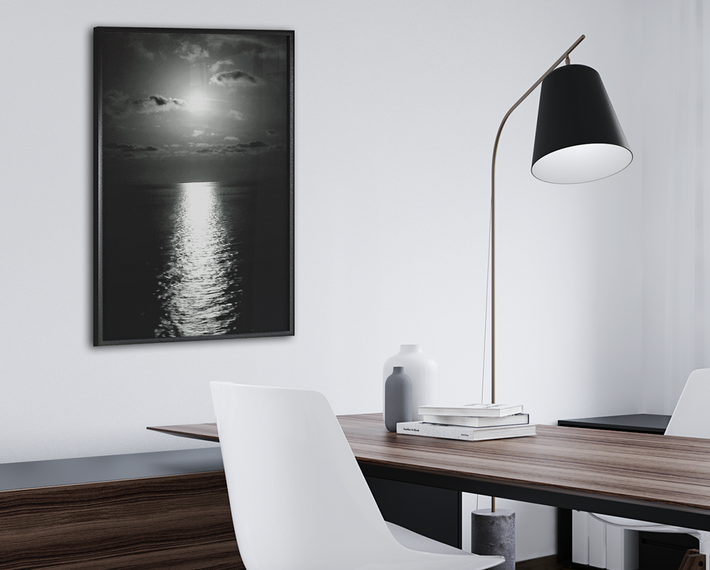 Black and White Ocean Sunset Reflection Art Print