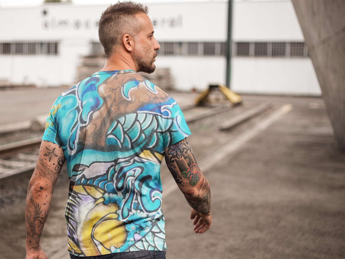 Japanese Blue Dragon Graffiti All-Over Print T-Shirt | Streetwear Graphic Tee
