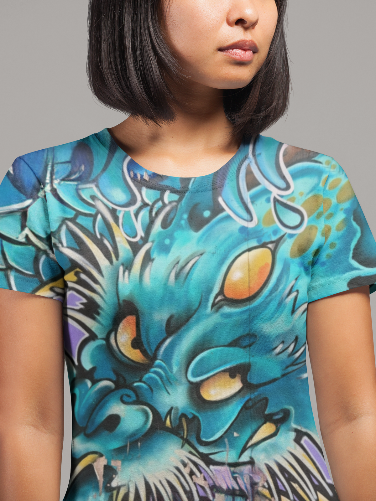 Japanese Blue Dragon Graffiti All-Over Print T-Shirt | Streetwear Graphic Tee