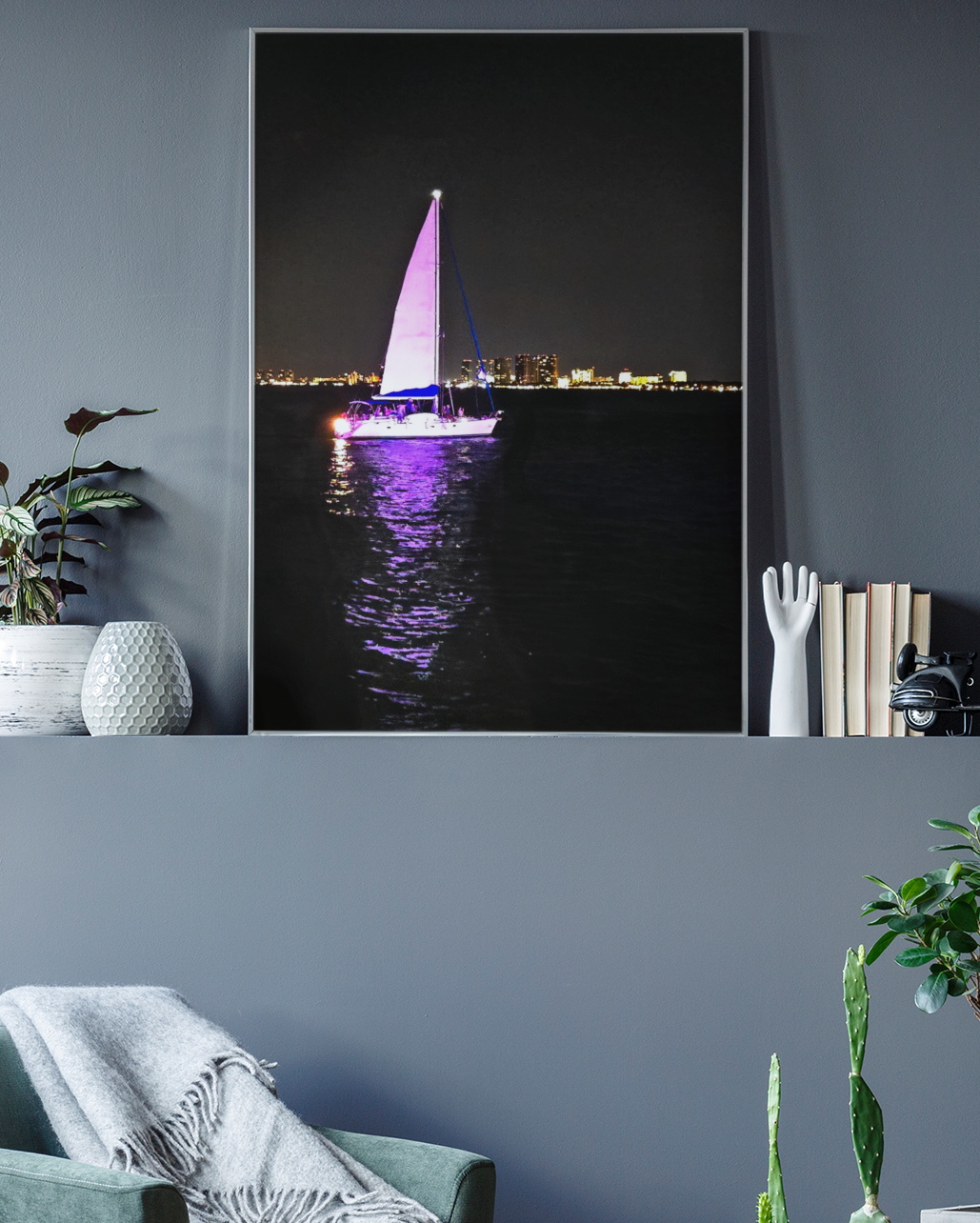 Illuminated Sailboat at Night Photo Print | Purple Glowing Sailboat Wall Art | Nighttime City Skyline Ocean Photography | Modern Nautical Decor
