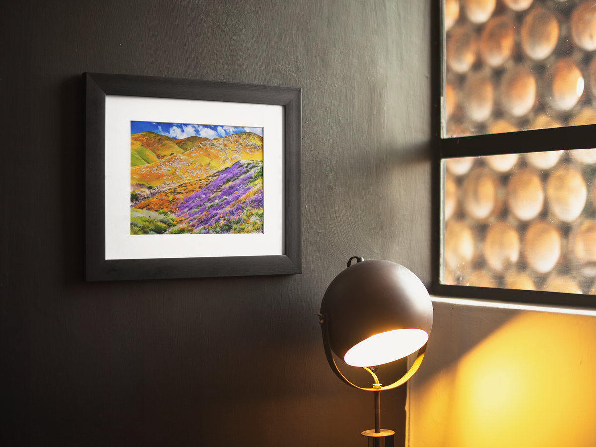 Wildflower Mountain Landscape Watercolor Print | Colorful Superbloom Wall Art, Fine Art Nature Print