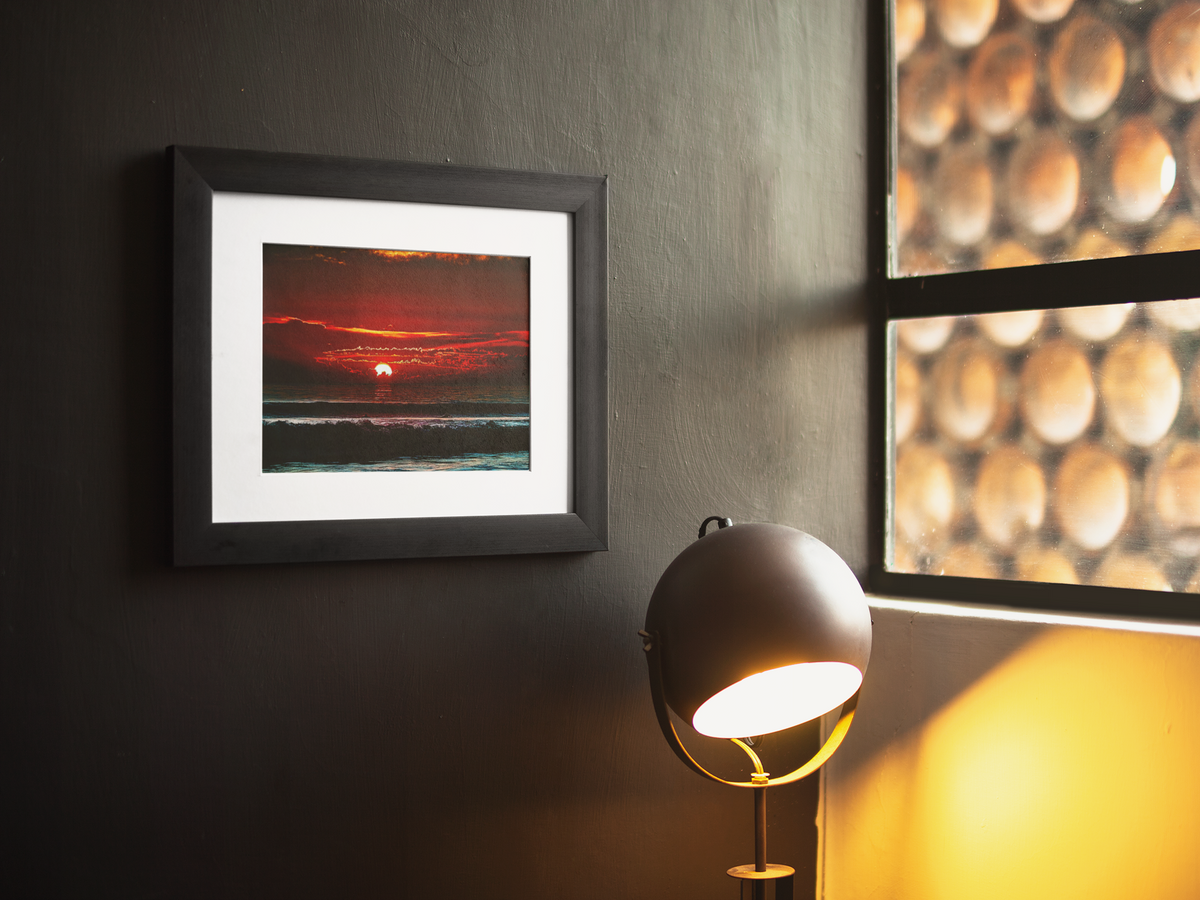 Pacific Ocean Sunset Surfers Wall Art | Fiery Red Sky Coastal Landscape Print