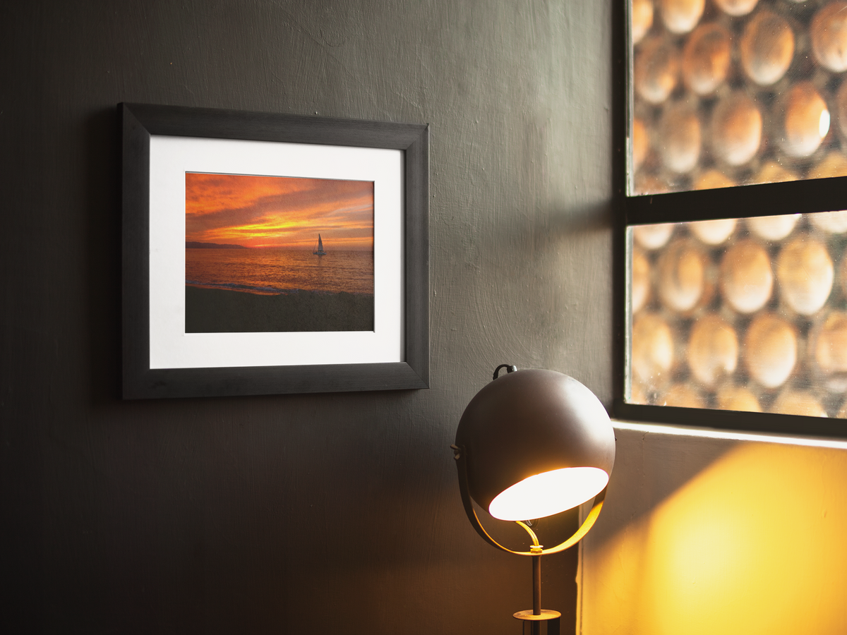 Ocean Sunset Sailboat Wall Art | Fiery Red Sky Coastal Landscape Print