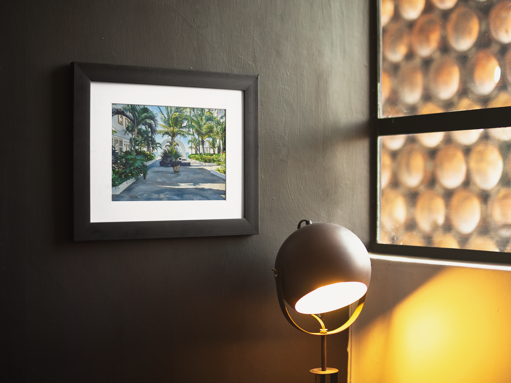 Tropical Resort Courtyard Watercolor Print | Palm Tree Coastal Villa Fine Art Wall Print