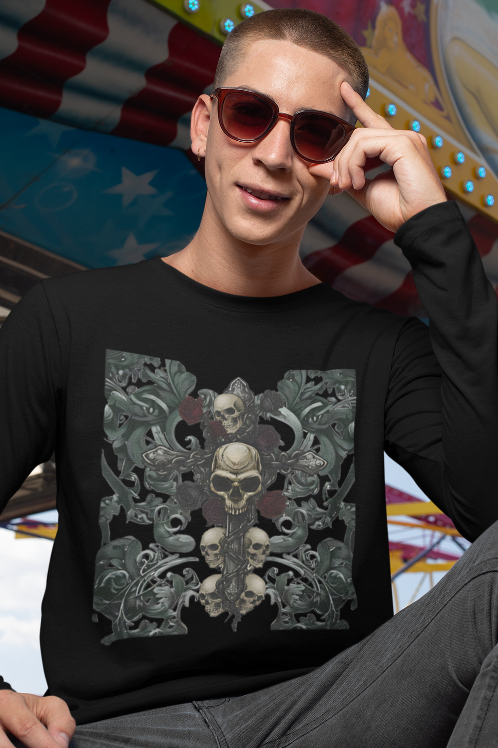Gothic Skull Cross Long Sleeve T-Shirt | Dark Floral filigree & Skull Graphic Tee | Vintage Goth Streetwear