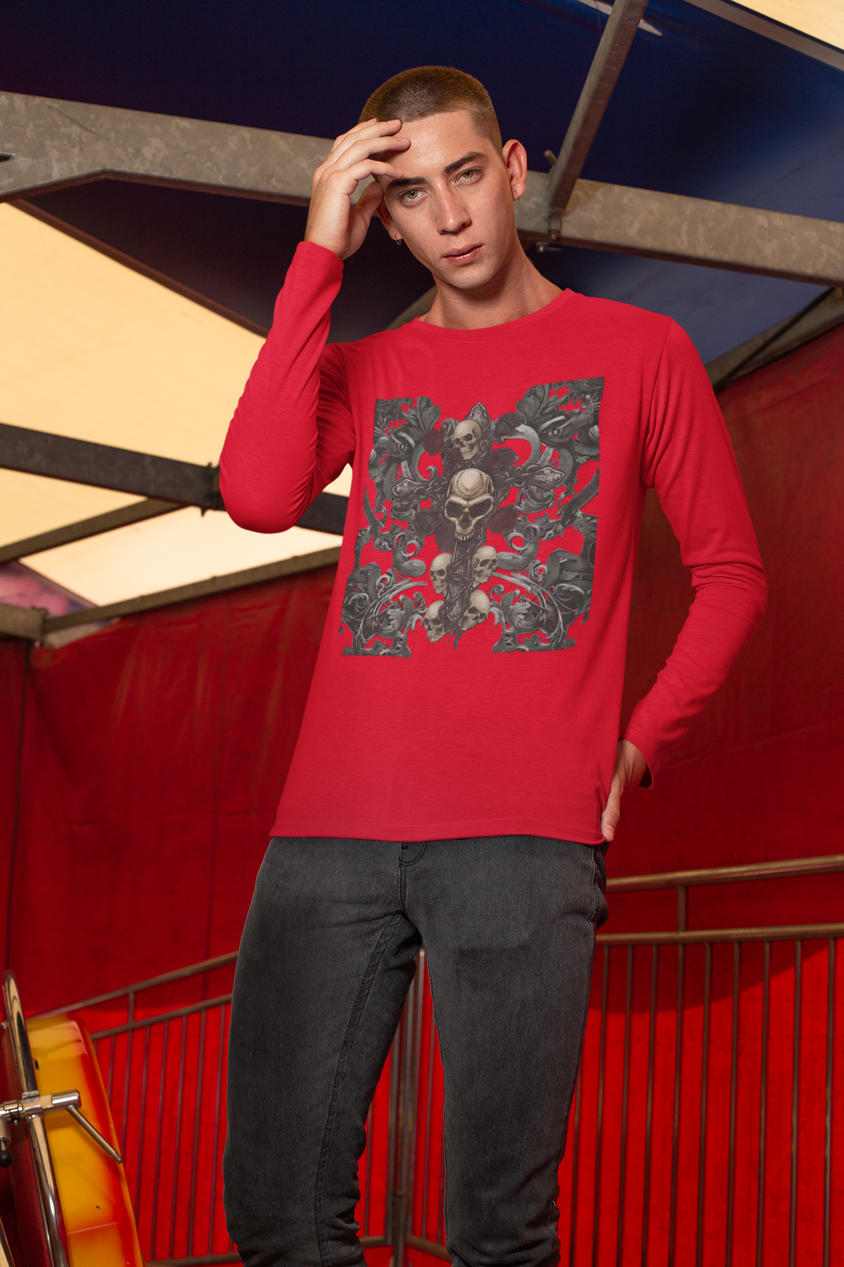 Gothic Skull Cross Long Sleeve T-Shirt | Dark Floral filigree & Skull Graphic Tee | Vintage Goth Streetwear
