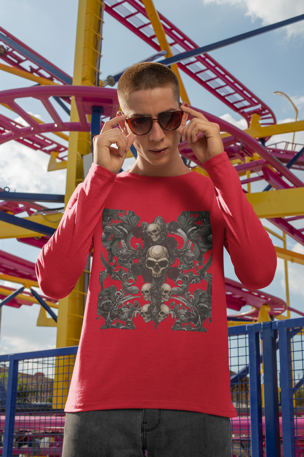 Gothic Skull Cross Long Sleeve T-Shirt | Dark Floral filigree & Skull Graphic Tee | Vintage Goth Streetwear