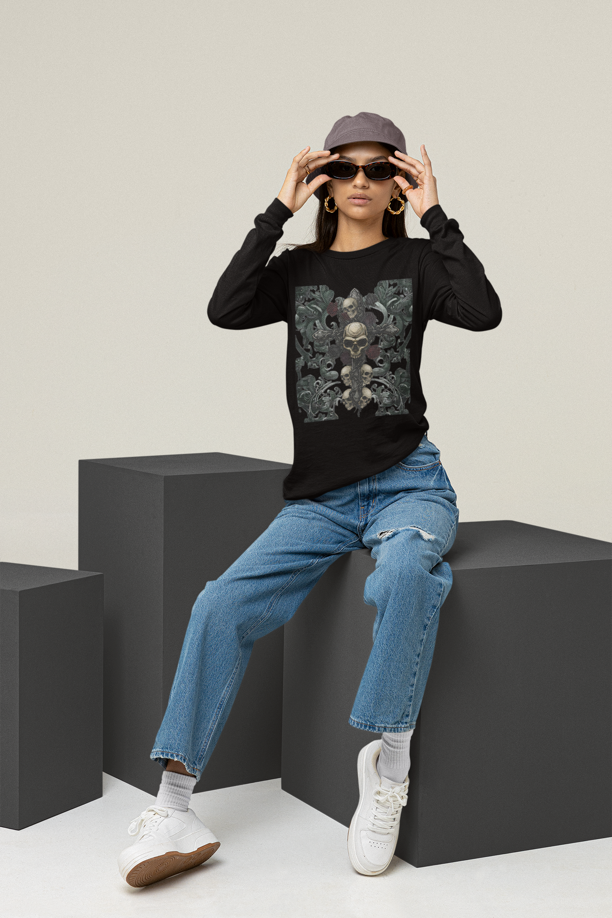 Gothic Skull Cross Long Sleeve T-Shirt | Dark Floral filigree & Skull Graphic Tee | Vintage Goth Streetwear