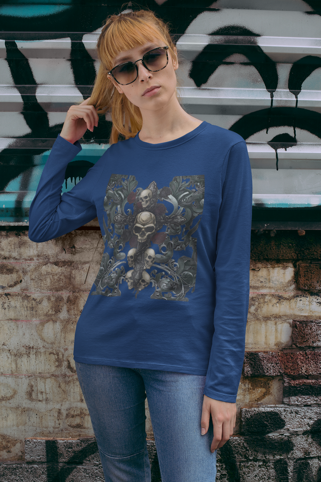 Gothic Skull Cross Long Sleeve T-Shirt | Dark Floral filigree & Skull Graphic Tee | Vintage Goth Streetwear