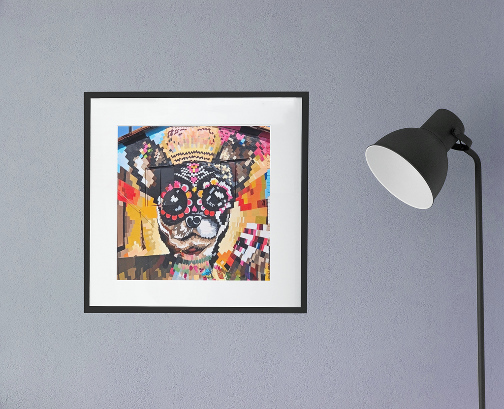 Day of the Dead Dog Mural Print | Pixel Art Street Photography Poster | Vibrant Dia de los Muertos Building Mural Art | Colorful Urban Wall Decor