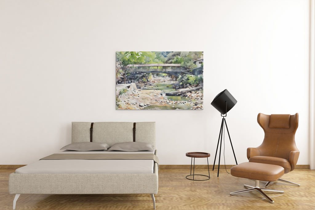 Rustic Covered Wooden Bridge River Watercolor Print