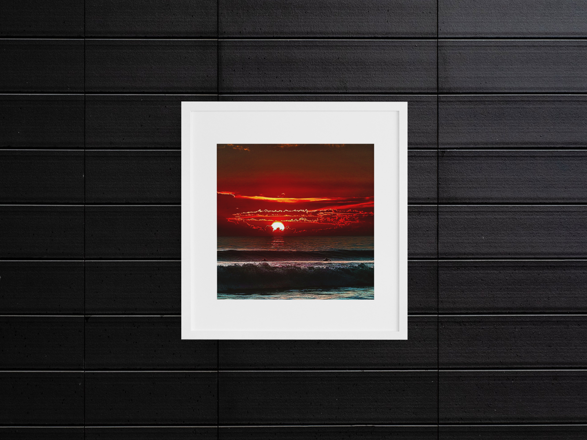 Pacific Ocean Sunset Surfers Wall Art | Fiery Red Sky Coastal Landscape Print