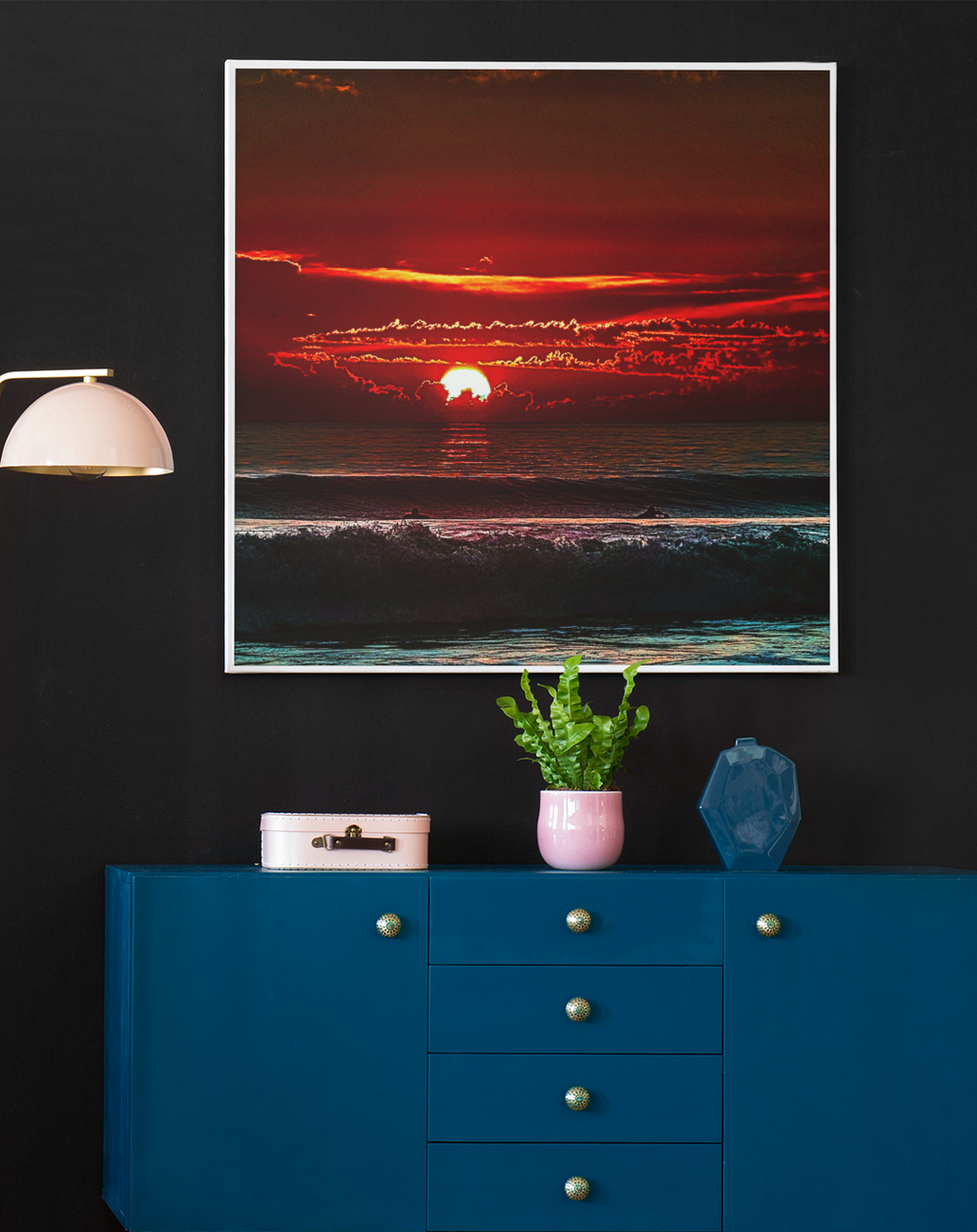 Pacific Ocean Sunset Surfers Wall Art | Fiery Red Sky Coastal Landscape Print
