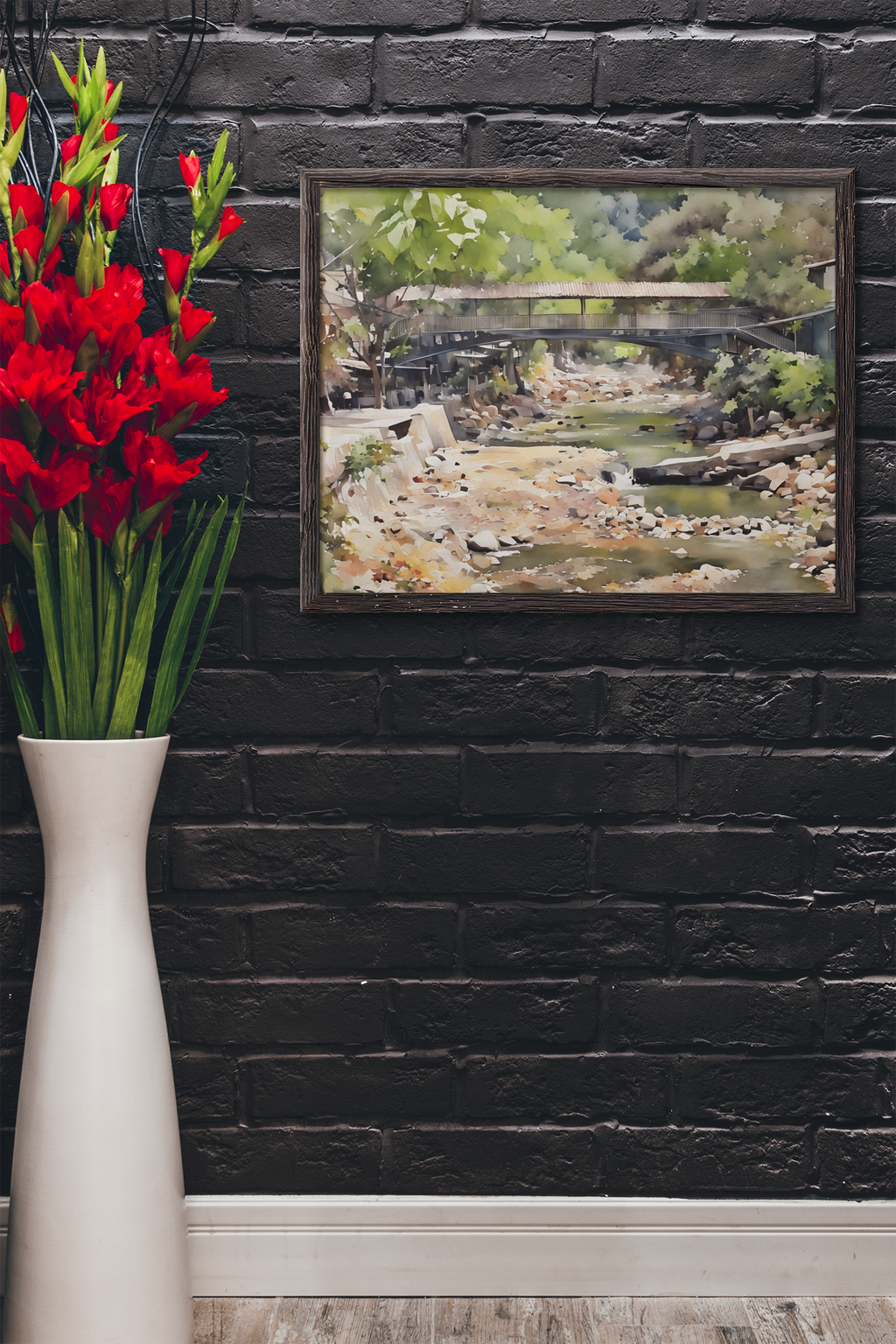 Rustic Covered Wooden Bridge River Watercolor Print