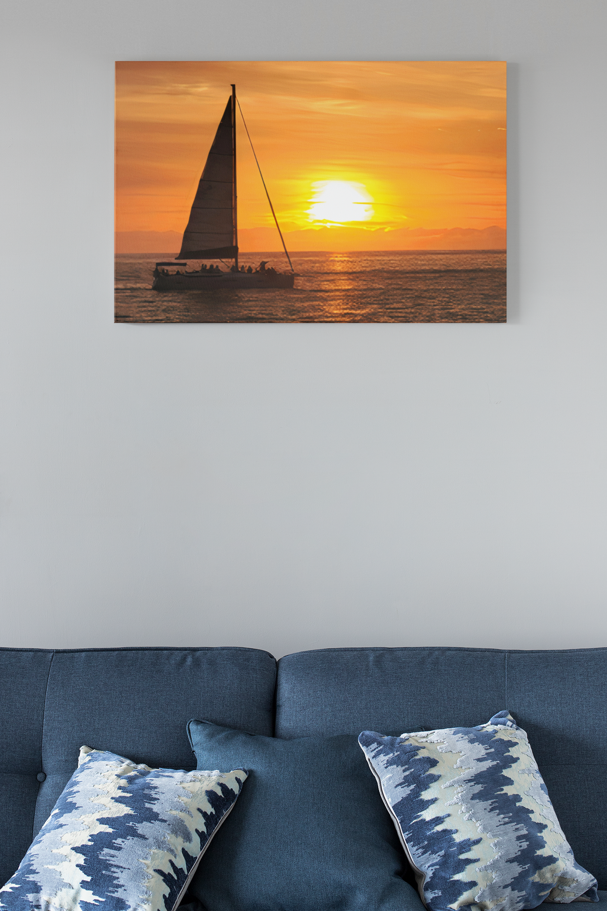 Sailboat Ocean Sunset Canvas Print | Vibrant Golden Hour Nautical Wall Decor | Silhouetted Yacht Photography | Coastal Beach House Canvas Artwork