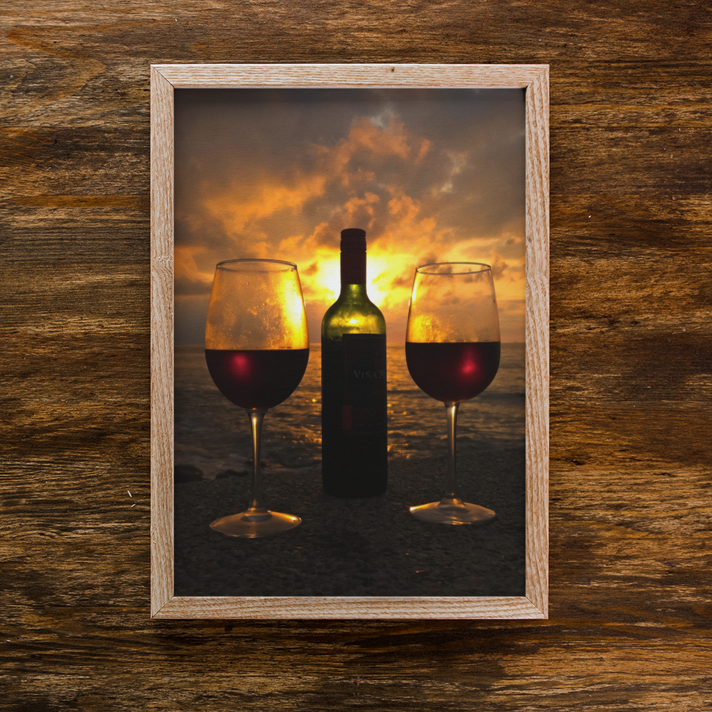 Sunset Ocean Red Wine Bottle & Glasses Fine Art Photo Print
