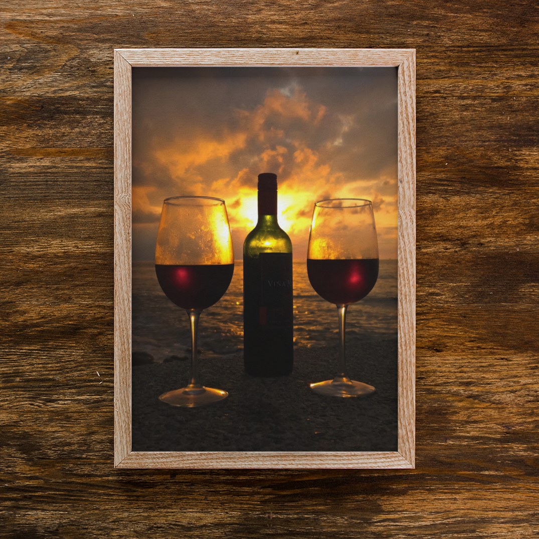Sunset Ocean Red Wine Bottle & Glasses Fine Art Photo Print