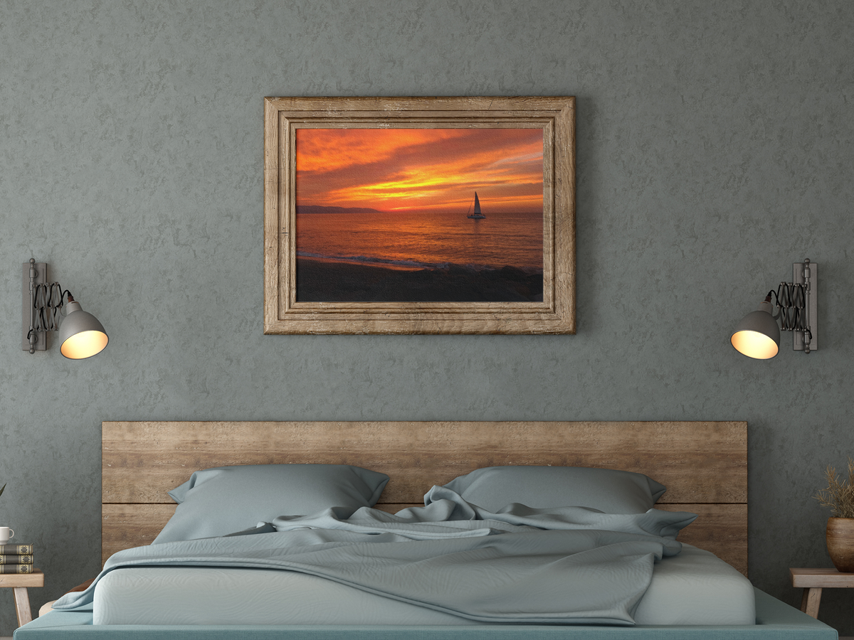 Ocean Sunset Sailboat Wall Art | Fiery Red Sky Coastal Landscape Print