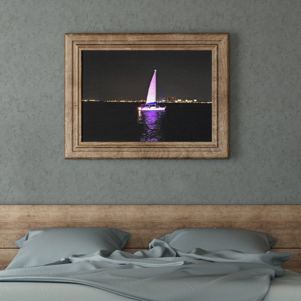 Illuminated Sailboat at Night Photo Print | Purple Glowing Sailboat Wall Art | Nighttime City Skyline Ocean Photography | Modern Nautical Decor