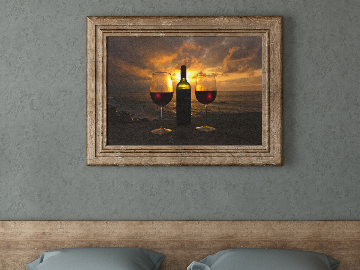 Sunset Ocean Red Wine Bottle & Glasses Fine Art Photo Print