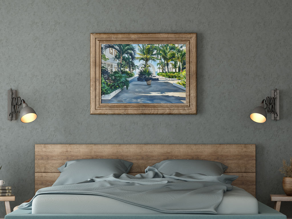 Tropical Resort Courtyard Watercolor Print | Palm Tree Coastal Villa Fine Art Wall Print