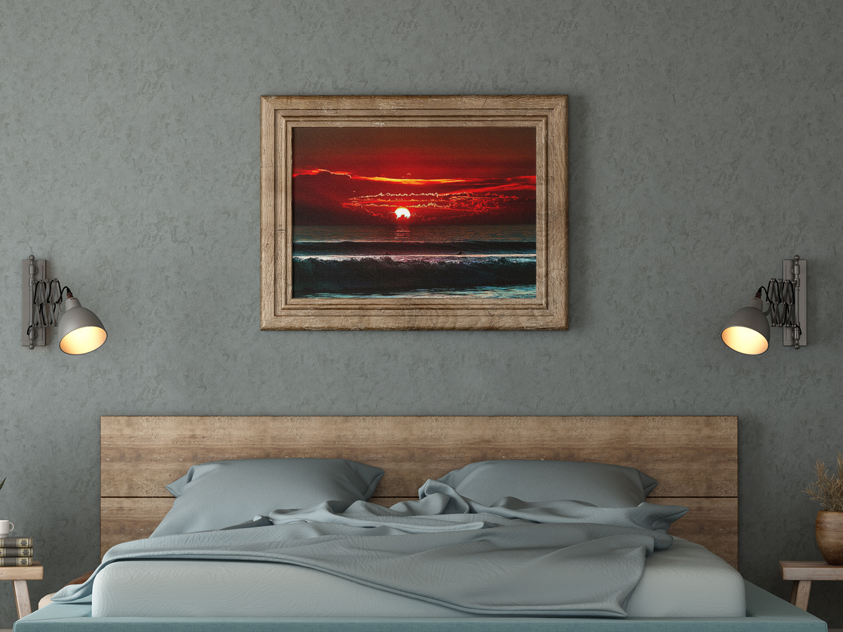 Pacific Ocean Sunset Surfers Wall Art | Fiery Red Sky Coastal Landscape Print