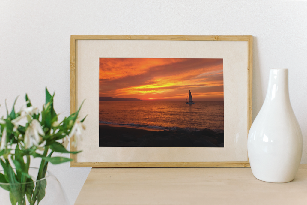Ocean Sunset Sailboat Wall Art | Fiery Red Sky Coastal Landscape Print