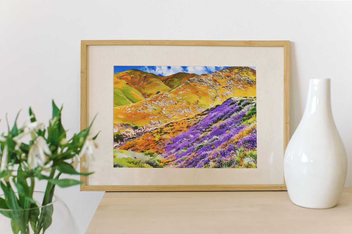 Wildflower Mountain Landscape Watercolor Print | Colorful Superbloom Wall Art, Fine Art Nature Print