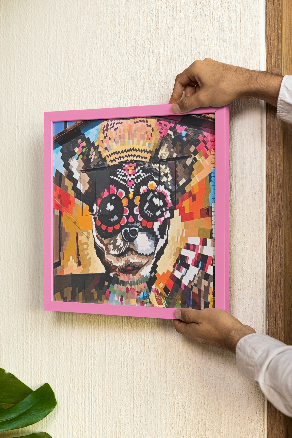Day of the Dead Dog Mural Print | Pixel Art Street Photography Poster | Vibrant Dia de los Muertos Building Mural Art | Colorful Urban Wall Decor