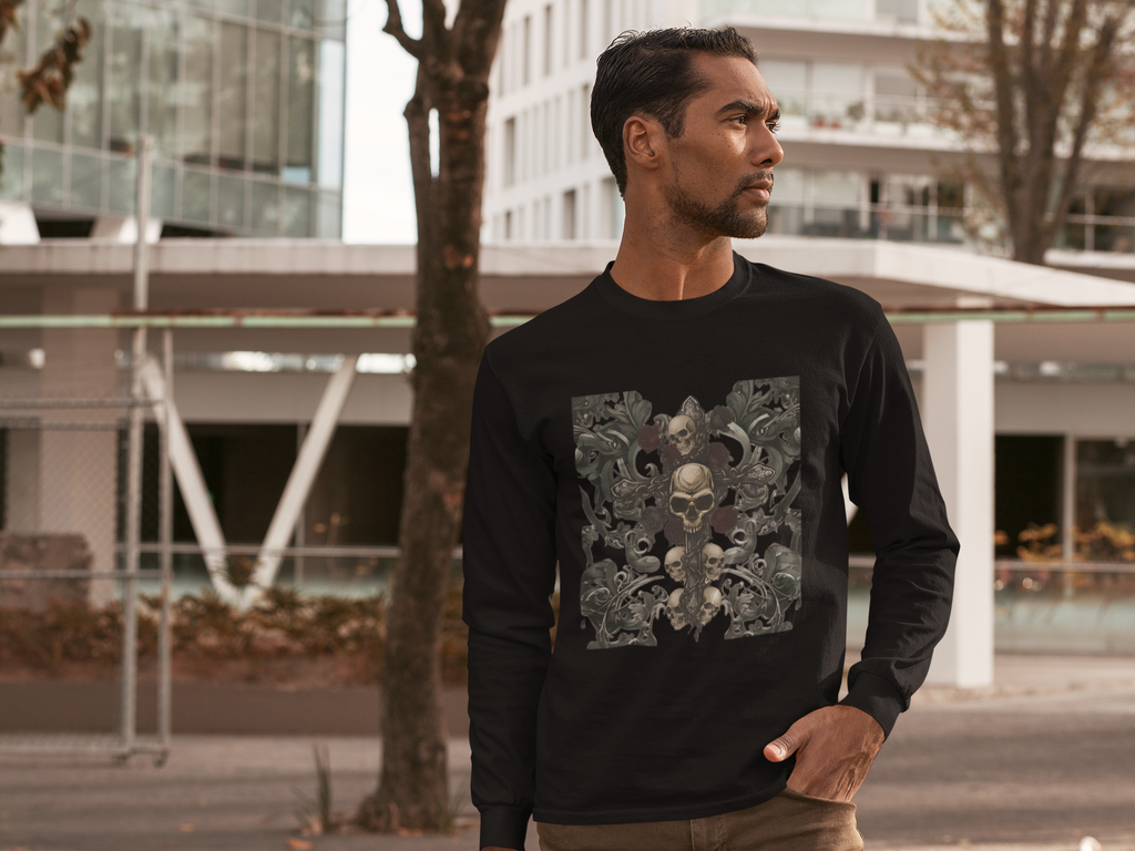 Gothic Skull Cross Long Sleeve T-Shirt | Dark Floral filigree & Skull Graphic Tee | Vintage Goth Streetwear