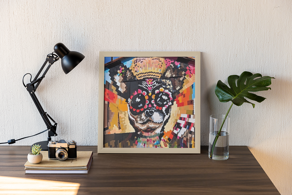Day of the Dead Dog Mural Print | Pixel Art Street Photography Poster | Vibrant Dia de los Muertos Building Mural Art | Colorful Urban Wall Decor