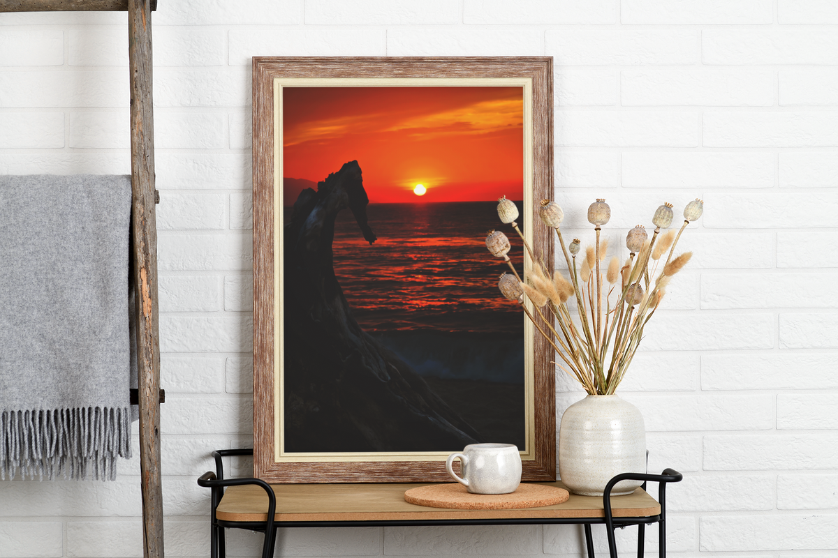 Fiery Sunset Ocean Driftwood Fine Art Print