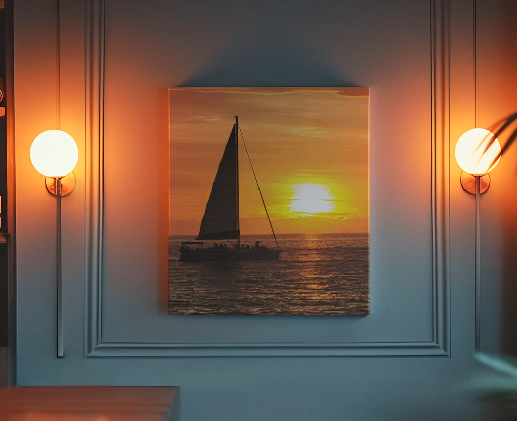 Sailboat Ocean Sunset Canvas Print | Vibrant Golden Hour Nautical Wall Decor | Silhouetted Yacht Photography | Coastal Beach House Canvas Artwork