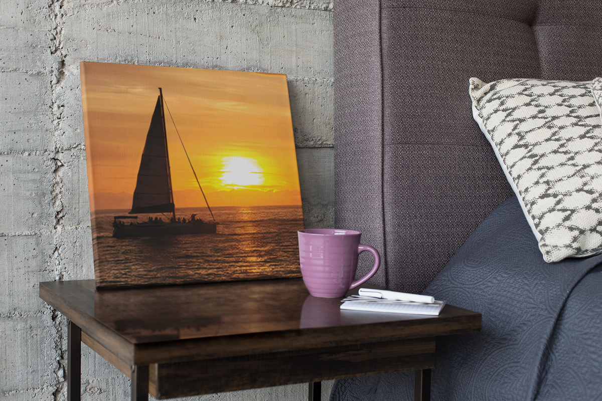 Sailboat Ocean Sunset Canvas Print | Vibrant Golden Hour Nautical Wall Decor | Silhouetted Yacht Photography | Coastal Beach House Canvas Artwork