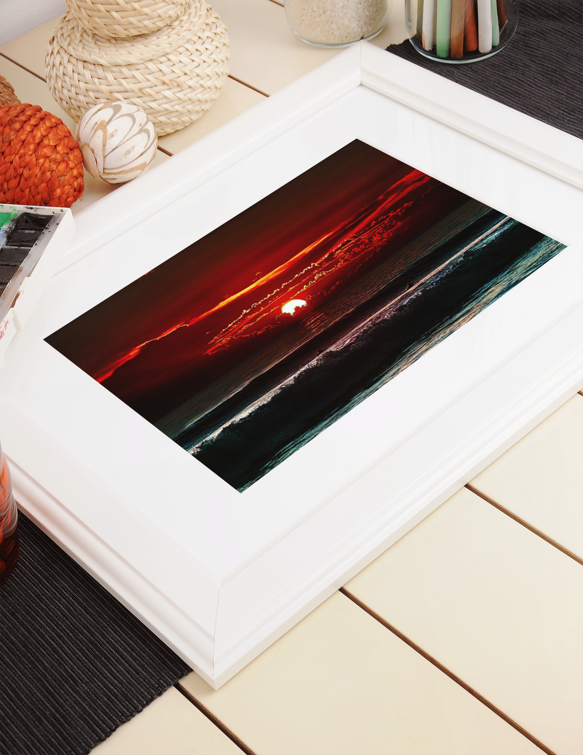 Pacific Ocean Sunset Surfers Wall Art | Fiery Red Sky Coastal Landscape Print
