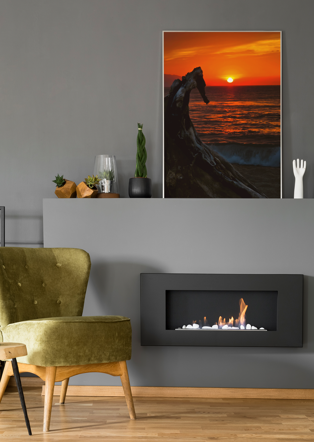 Fiery Sunset Ocean Driftwood Fine Art Print
