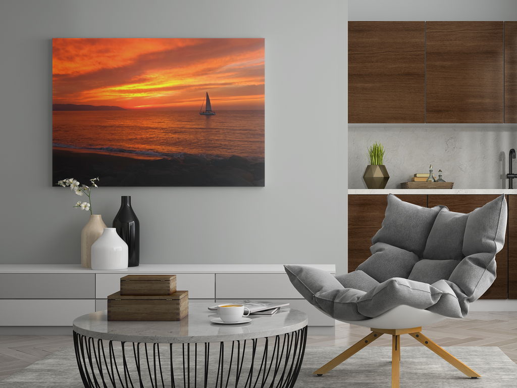 Ocean Sunset Sailboat Wall Art | Fiery Red Sky Coastal Landscape Print