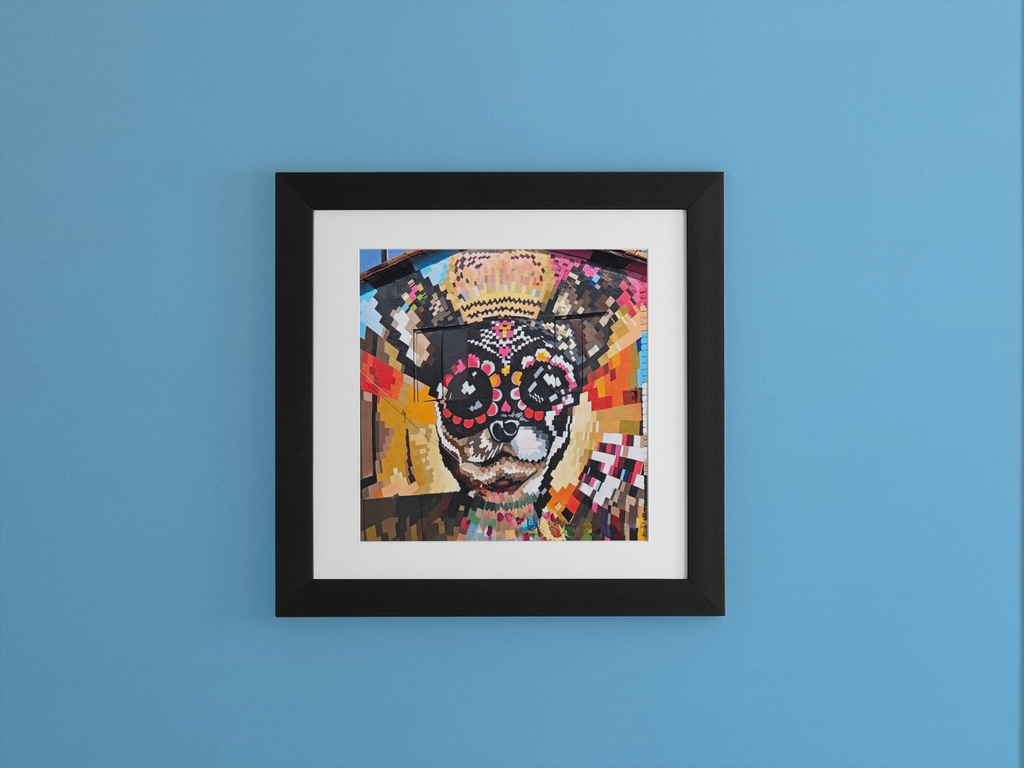Day of the Dead Dog Mural Print | Pixel Art Street Photography Poster | Vibrant Dia de los Muertos Building Mural Art | Colorful Urban Wall Decor