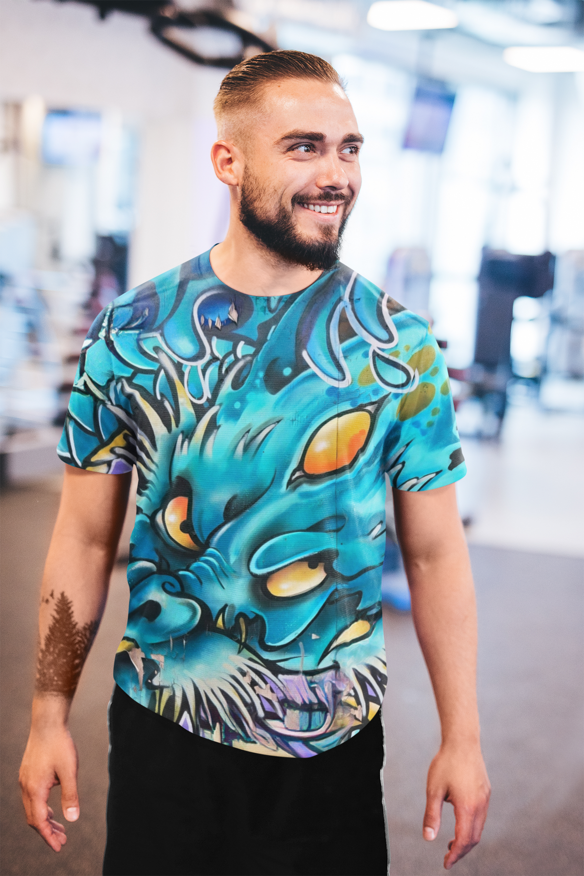 Japanese Blue Dragon Graffiti All-Over Print T-Shirt | Streetwear Graphic Tee